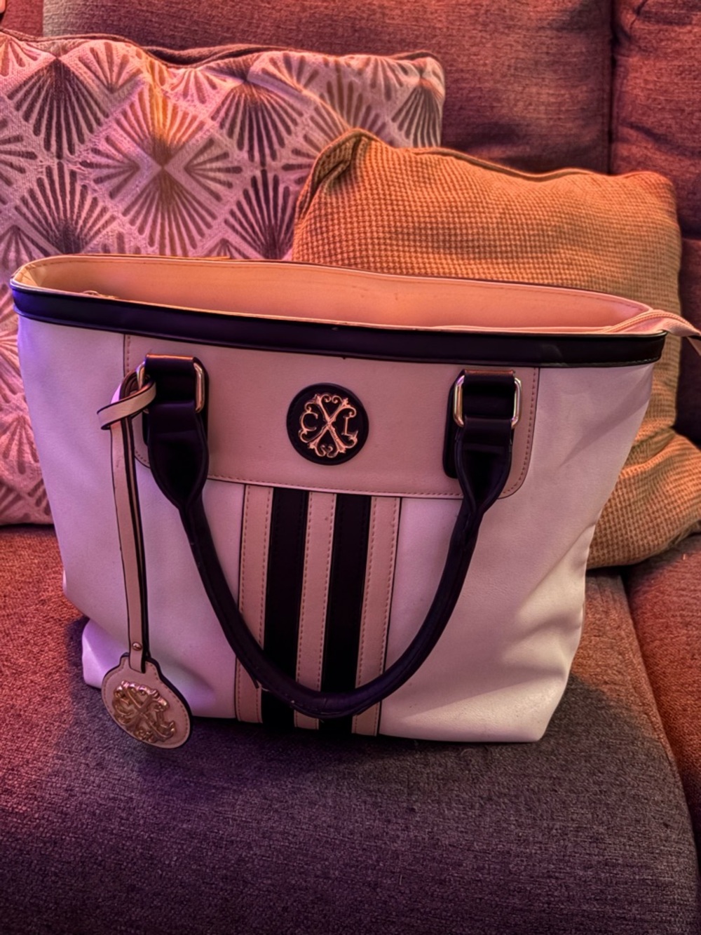 Christian Lacroix White Tote Bag with Black Trim and Stripes